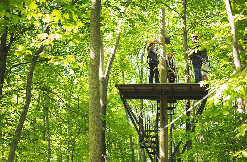 People stand on a ziplining platform